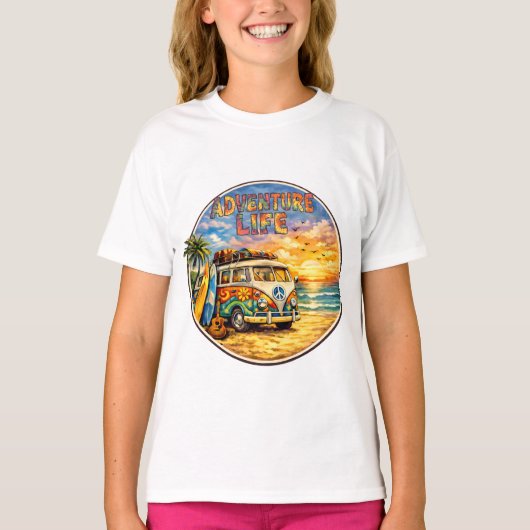 Retro 60s Hippie Beach Sunset Adventure Life Girls Tシャツ (正面)