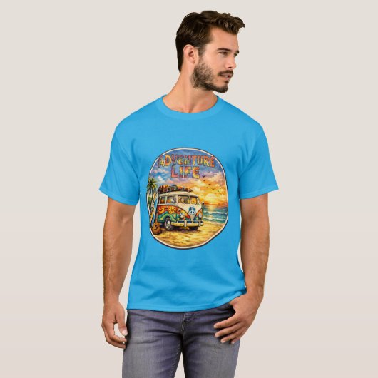 Retro 60s Hippie Beach Sunset | Adventure Van Life Tシャツ (正面フル)