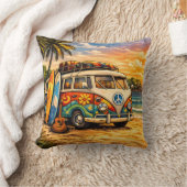 Retro 60s Hippie Surfer Beach Bus Sunset Surf Life クッション (ブランケット)