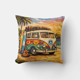 Retro 60s Hippie Surfer Beach Bus Sunset Surf Life クッション