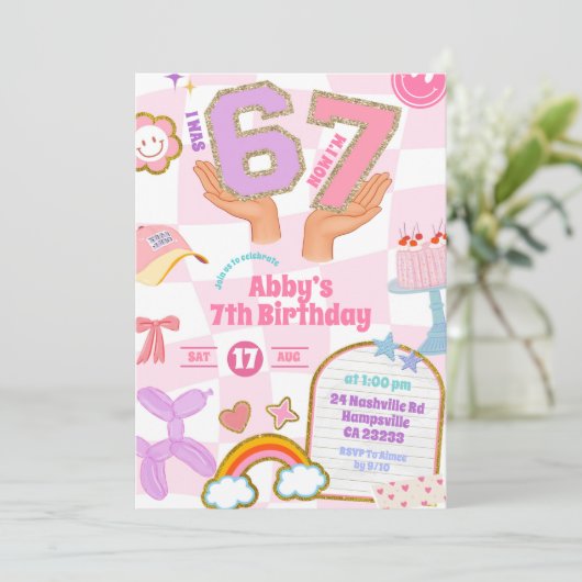 Retro 67 Aesthetic Patch Party Birthday 招待状 (スタンド正面)