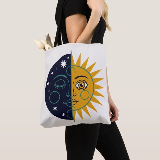 Retro 70s Celestial Sun Moon Split Face Art Print トートバッグ (クローズアップ)