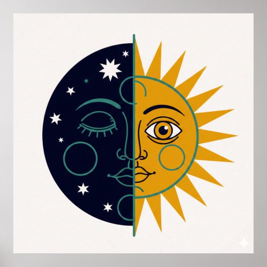 Retro 70s Celestial Sun Moon Split Face Art Print ポスター (正面)