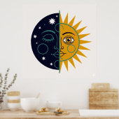 Retro 70s Celestial Sun Moon Split Face Art Print ポスター (キッチン)