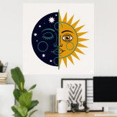 Retro 70s Celestial Sun Moon Split Face Art Print ポスター (ホームオフィス)