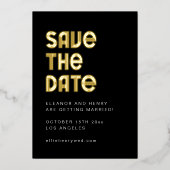 Retro 70s Disco Font Unique Wedding Black Gold 箔招待状 (正面)