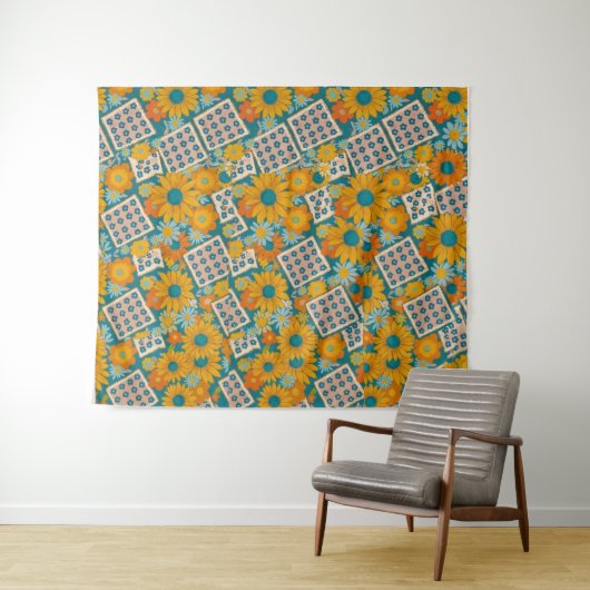 Retro 70s Floral Patchwork Pattern タペストリー (インサイチュ(横))