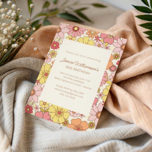 Retro 70s Groovy Floral Pink Yellow 30th Birthday 招待状