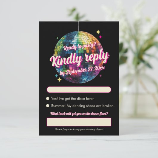 Retro 70's Party Disco Ball Sparkle Glam Wedding  出欠カード (スタンド正面)