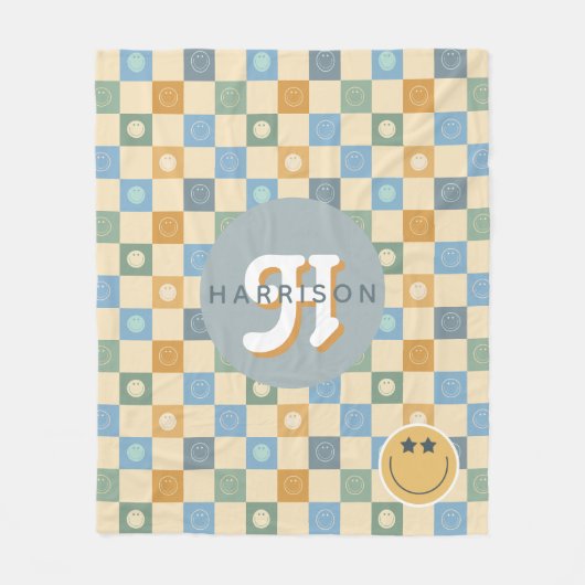 Retro 70s Smile Face Boho Checkered  フリースブランケット (正面)