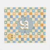 Retro 70s Smile Face Boho Checkered  フリースブランケット (正面(横))