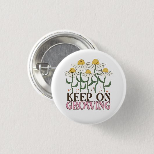 Retro 70s Smiley Face Daisy Keep On Growing 缶バッジ (正面&裏面)