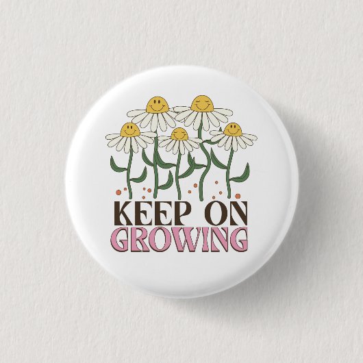 Retro 70s Smiley Face Daisy Keep On Growing 缶バッジ (正面)