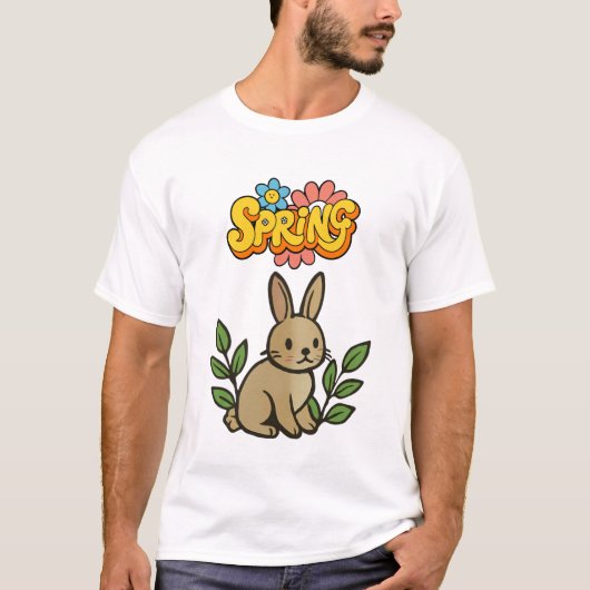 Retro 70s Spring Bunny Graphic Design Tシャツ (正面)