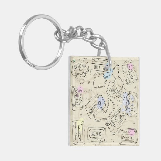 Retro 80s 90s Nostalgic Cassette Mix Tape Pattern キーホルダー (正面左)