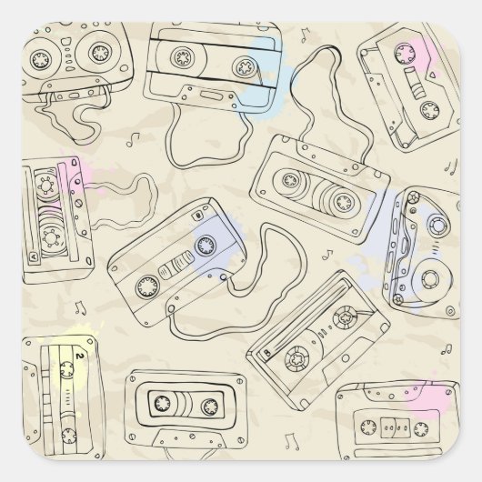 Retro 80s 90s Nostalgic Cassette Mix Tape Pattern スクエアシール (正面)