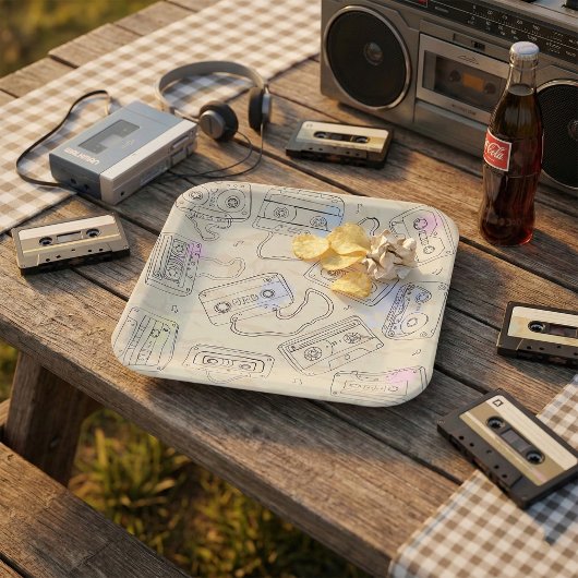 Retro 80s 90s Nostalgic Cassette Mix Tape Pattern ペーパープレート