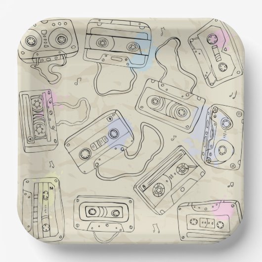 Retro 80s 90s Nostalgic Cassette Mix Tape Pattern ペーパープレート (正面)