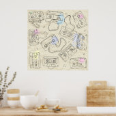 Retro 80s 90s Nostalgic Cassette Mix Tape Pattern ポスター (キッチン)