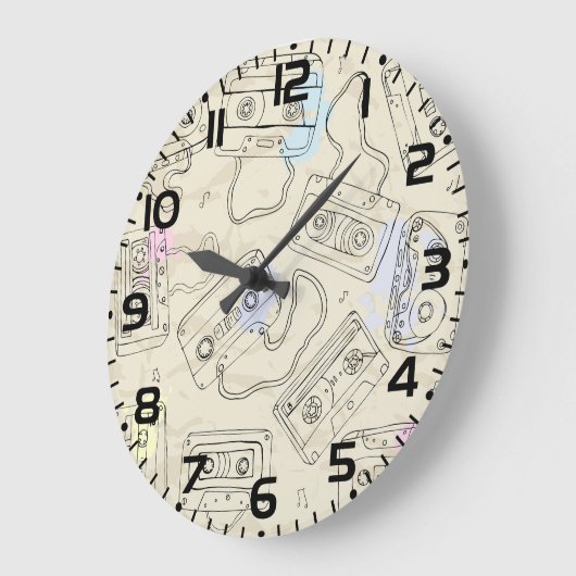 Retro 80s 90s Nostalgic Cassette Mix Tape Pattern ラージ壁時計 (傾斜)