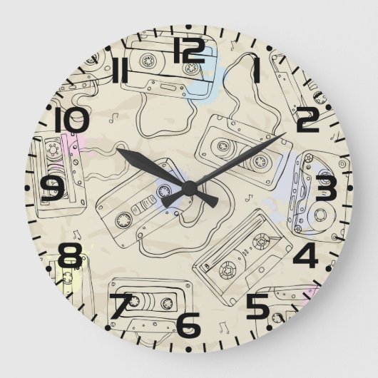Retro 80s 90s Nostalgic Cassette Mix Tape Pattern ラージ壁時計 (正面)