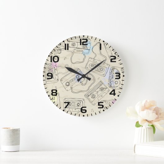 Retro 80s 90s Nostalgic Cassette Mix Tape Pattern ラージ壁時計 (ホーム)