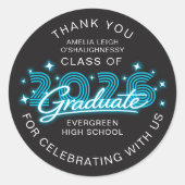 Retro 80s Neon Blue Graduation Thank You ラウンドシール (正面)
