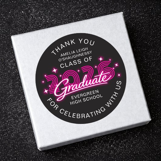 Retro 80s Neon Pink Graduation Thank You ラウンドシール