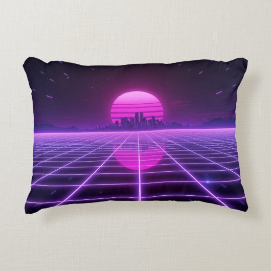 Retro 80s Neon Synthwave Grid アクセントクッション (正面)