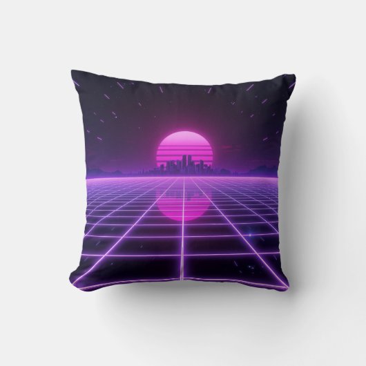 Retro 80s Neon Synthwave Grid クッション (正面)
