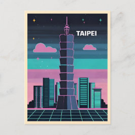 Retro 80s Neon Synthwave Taipei 101 Taiwan ポストカード