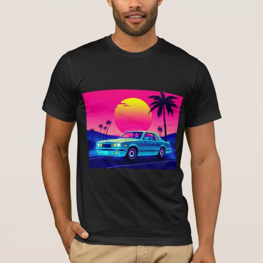 Retro 80s Outrun Sunset Muscle Car Men's T-Shirt Tシャツ (正面)