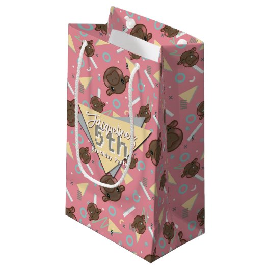 Retro 80's Pink Baby Hippo Birthday スモールペーパーバッグ (正面アングル)