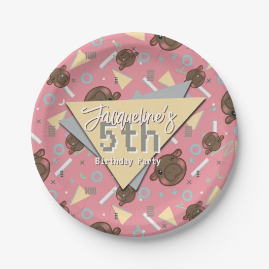 Retro 80's Pink Baby Hippo Birthday ペーパープレート (正面)