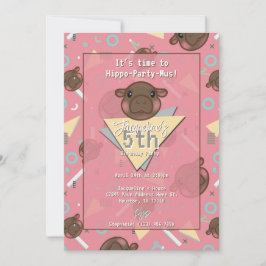 Retro 80's Pink Baby Hippo Birthday Invitation 招待状