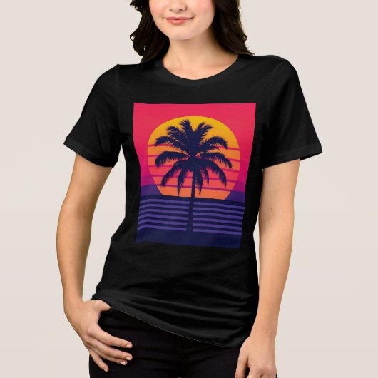Retro 80s Sunset Palm Tree Synthwave Art トライブレンドＴシャツ (正面)