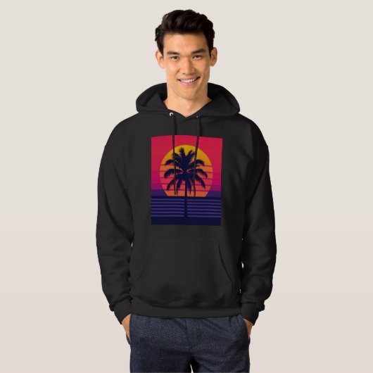 Retro 80s Sunset Palm Tree Synthwave Art パーカ (正面フル)