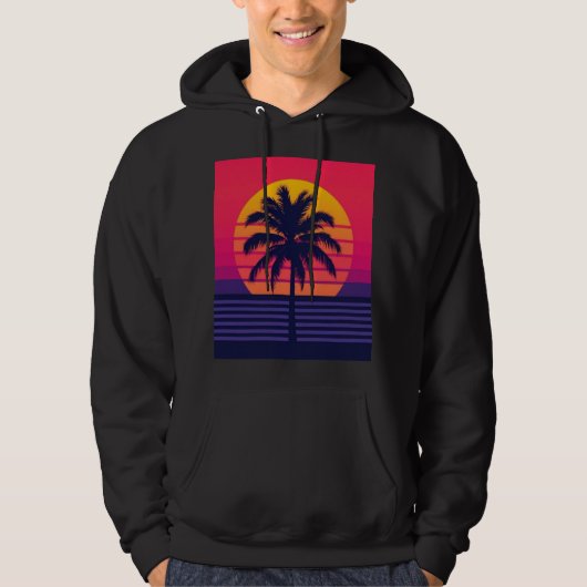 Retro 80s Sunset Palm Tree Synthwave Art パーカ (正面)