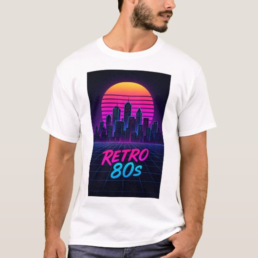 Retro 80s Synthwave City Skyline T-Shirt Tシャツ (正面)