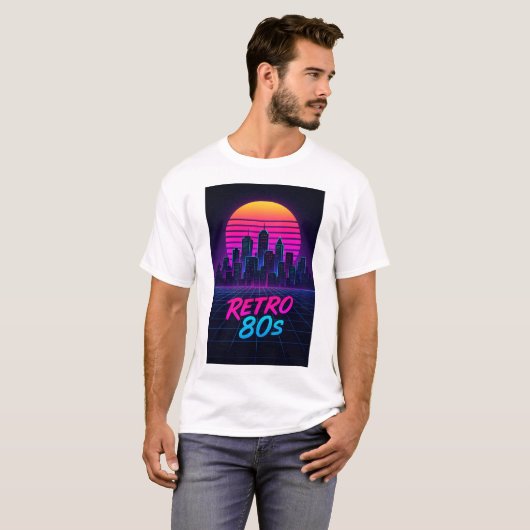 Retro 80s Synthwave City Skyline T-Shirt Tシャツ (正面フル)