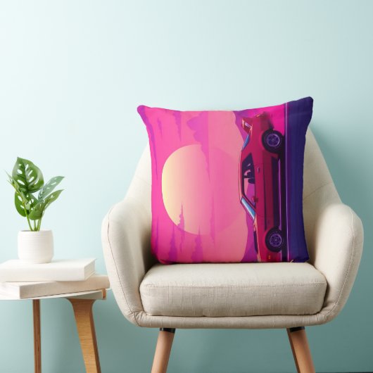 Retro 80s Synthwave Sunset Car Throw Pillow クッション (椅子)