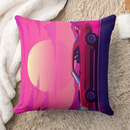 Retro 80s Synthwave Sunset Car Throw Pillow クッション (ブランケット)