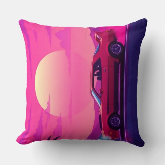 Retro 80s Synthwave Sunset Car Throw Pillow クッション (正面)
