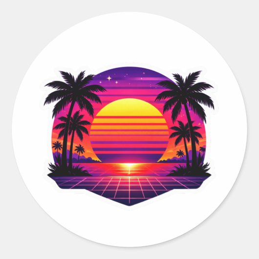  Retro 80s Synthwave Sunset Palm Tree Sticker ラウンドシール (正面)
