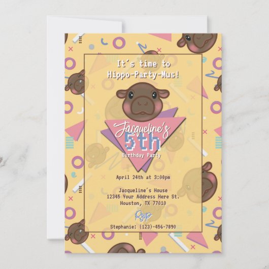 Retro 80's Yellow Baby Hippo Birthday Invitation 招待状 (正面)