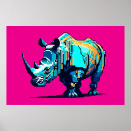 Retro 8-Bit Rhinoceros Pixel Art Gamer Room ポスター