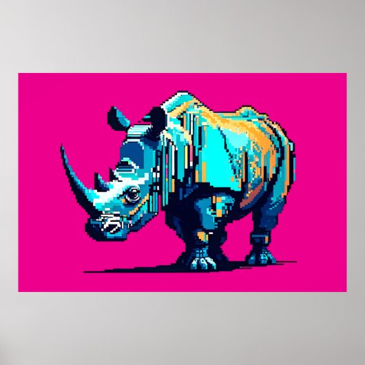Retro 8-Bit Rhinoceros Pixel Art Gamer Room ポスター (正面)