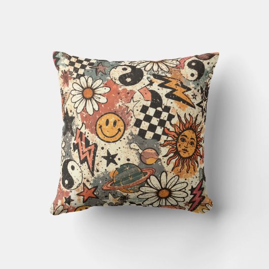 Retro 90s Grunge Celestial Doodle Pattern  クッション (裏面)