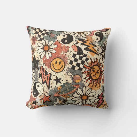 Retro 90s Grunge Celestial Doodle Pattern クッション (正面)