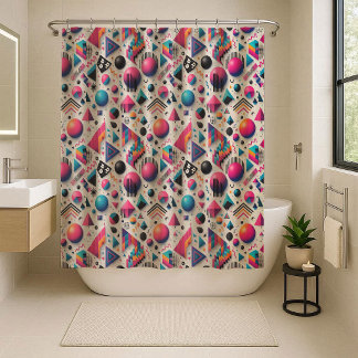 Retro 90s Memphis Geometric Neon Shower Curtain シャワーカーテン